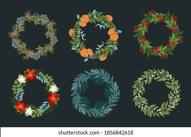 Set of Christmas wreaths with oranges, holly berries, poinsettias, pine and fir branches, cones, winter plants, rowan. Vector design elements for your holiday cards. Xmas traditional set