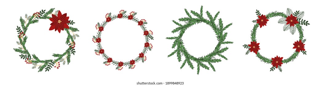 A set of Christmas wreaths with poinsettia, holly, berries, branches and leaves in white, red, gray and black.