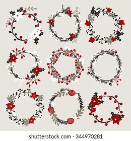 A set of Christmas wreaths with poinsettia, holly, berries, branches and leaves in white, red, gray and black.