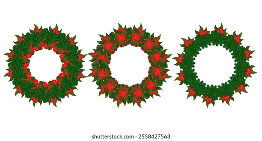 Set of Christmas wreaths with red poinsettia flowers and spruce branches vector illustration for design