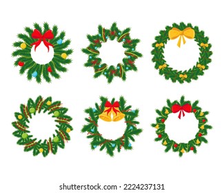 Set of Christmas wreaths with ribbons, balls and a bow. Vector illustration.