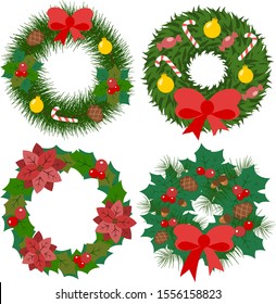 Set of christmas wreaths. Traditional xmas decoration element. Element for design cards. Vector illustration.