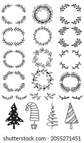 A set of Christmas wreaths and twigs for decorating a Christmas card.