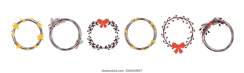 Set of Christmas wreaths. Vector Christmas wreath set with winter floral elements. Christmas decor. 