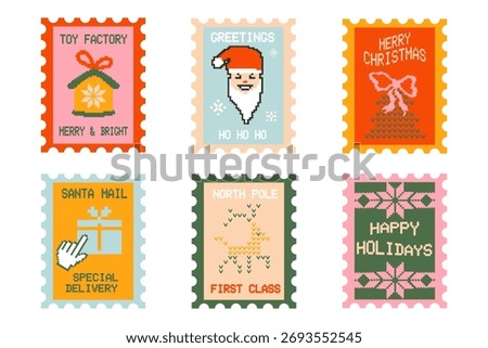 Set of Christmas y2k postage stamps. Pixel art winter holiday postmarks. Festive mail stickers.