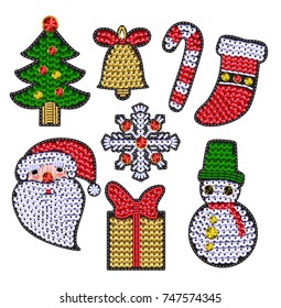 Set of christmases patches with sequins. Snowflake, candy, bell, Santa and other stickers.
