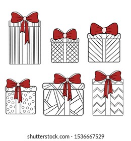 Set of Christmas/New Year gifts with bright red bows on white isolated background. Suitable for coloring book pages.