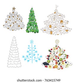 set of christmass trees made of snowflake, coffee, fruits, balls