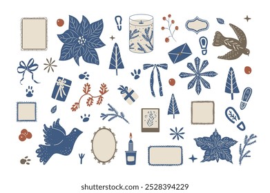 Conjunto de elementos com tema de Natal. Kit de férias de inverno. Ilustração de coleção plana desenhada à mão do vetor isolada no fundo branco.