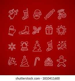 Set of Christmat icons: gift box, Christmas tree, Santa, angel, snowflake, stocking, candy-cane, firework, mitten, skate, holly, gingerbread man. Xmas, winter, New Year concept. Vector 10 EPS.