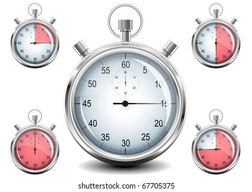 Set of Chrome analog Stopwatch. Vector illustration. EPS8