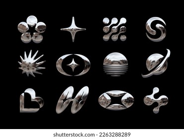 Set of chrome elements for design in Y2K style. Vector abstract shapes in retro futurism aesthetics