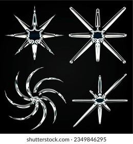 Set of chrome elements for design in Y2K style. Vector abstract shapes in retro futurism aesthetics. colecction 3d elements pack