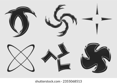 Set of chrome elements for design in Y2K style. Vector abstract shapes in retro futurism aesthetics. colecction 3d elements pack