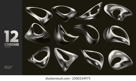 Set of chrome fluid shapes and forms. Collection of monochrome vector design elements.