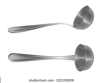 set of chrome ladles in different angles, top and side view. On a white background without shadows. Realistic style. Vector illustration.