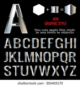 Conjunto de letras cromadas y estilo gráfico cromado. Puede aplicar este estilo a cualquier fuente u objeto, vector. EPS 10.