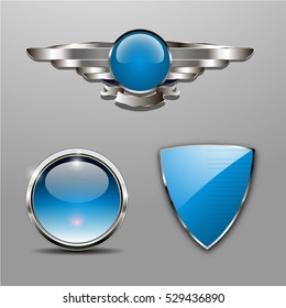 A set of chrome metallic mediavel shields. Badge shield button