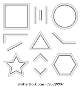 Set of chrome shapes and lines isolated on white background.