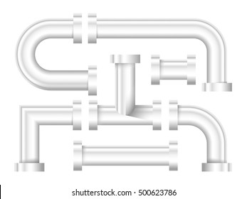 Set of chromed pipes, various water pipes connections, metal tubes, Realistic Vector illustration. Isolated on white background.