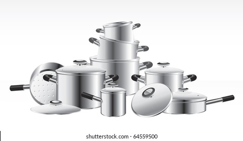 set of chrome-plated pans