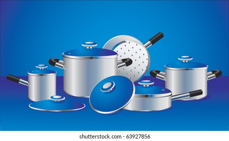 set of chrome-plated pans with blue lids