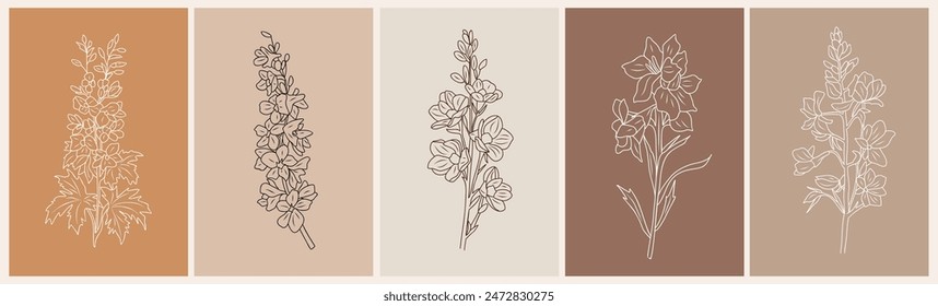 Conjunto de crisantemo, arte de la pared de la flor del mes de nacimiento de noviembre, carteles. Ilustraciones vectoriales de arte de línea botánica sobre fondos de terracota y beige. Diseño moderno para joyería, tatuaje, logotipo, embalaje.