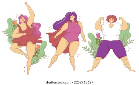 Set of chubby happy women with hairy legs and armpits, support for feminist body positivity movement