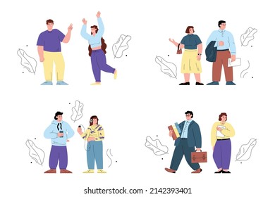 Set of chubby obese people cartoon characters with fat curvy figures, flat vector illustration isolated on white background. Plus-size plump modern men and women.