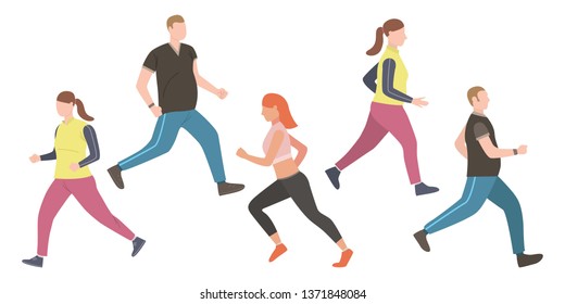 Set Of Chubby People Running. Crowd Of Fat People Doing Sport. Vector Illustration Can Be Used For Slimming, Brochure, Weighting Loss