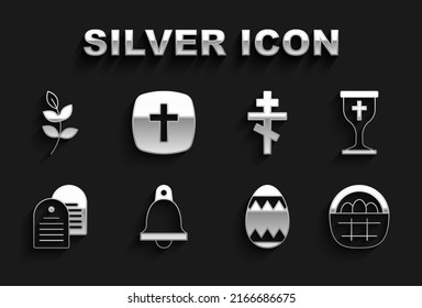 Set Church bell, Christian chalice, Basket with easter eggs, Easter, Holy bible book, cross, Willow leaf and  icon. Vector