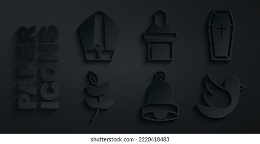 Set Church bell, Coffin, Willow leaf, Dove, pastor preaching and Pope hat icon. Vector