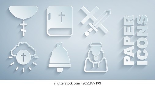 Set Church bell, Crusade, Religious cross in circle, Monk, Holy bible book and Christian chain icon. Vector