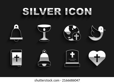 Set Church bell, Dove, Christian cross in heart, Grave with tombstone, Holy bible book, globe,  and chalice icon. Vector