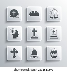Stellen Sie Kirchenglocke, Osterei, Grab mit Grab, Kreuz, Christ, Priester und Hände in betenden Position Symbol. Vektorgrafik