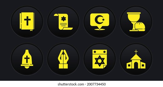 Set Church bell, Holy grail or chalice, Hands in praying position, Jewish calendar, Star crescent, Torah scroll, building and bible book icon. Vector