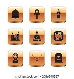 Set Church bell, Jesus Christ, Christian cross on chain, Buddhist monk, Burning candles, Monk, Tombstone with RIP written and Cross ankh icon. Vector