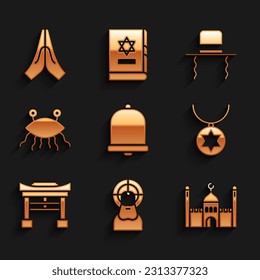 Set Church bell, Jesus Christ, Muslim Mosque, Star of David necklace on chain, Japan Gate, Pastafarianism, Orthodox jewish hat with sidelocks and Hands praying position icon. Vector