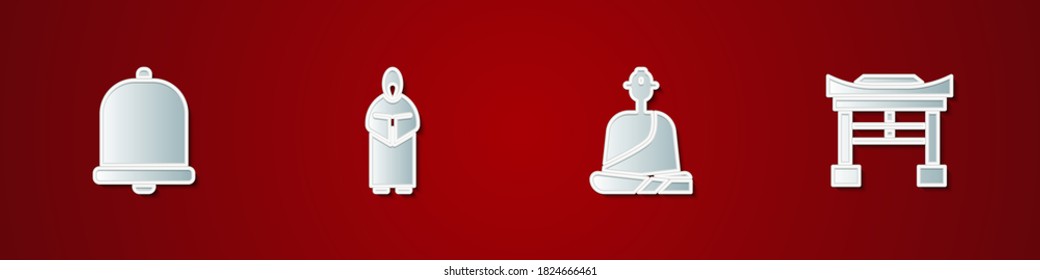 Set Church bell, Monk, Buddhist monk and Japan Gate icon. Vector.