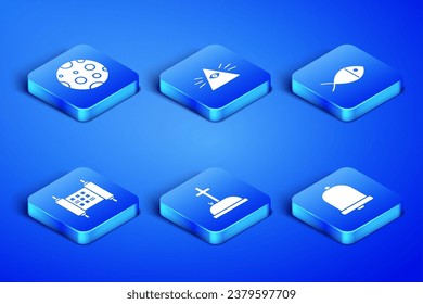 Poner timbre de iglesia, luna, lápida con cruz, decreto, papel, pergamino, pergamino, masones e ícono de pescado cristiano. Vector