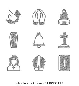 Set Church bell, Pope hat, Holy bible book, Grave with cross, Nun, Coffin,  and Dove icon. Vector