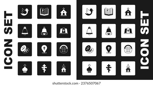 Set Church building, bell, Dove, Pope hat, Holy bible book, Basket with easter eggs and Christian bread icon. Vector