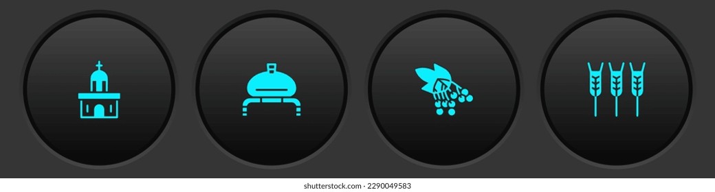 Set Church building, Bread and salt, Branch viburnum and Wheat icon. Vector