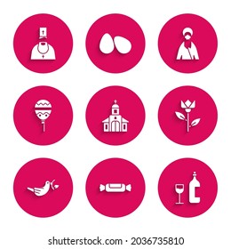 Set Church building, Candy, Wine bottle with glass, Flower tulip, Peace dove olive branch, Balloons ribbon, Jesus Christ and Priest icon. Vector
