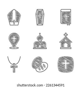 Set Church building, Christian bread, cross, on chain, Location church, Holy bible book and Pope hat icon. Vector