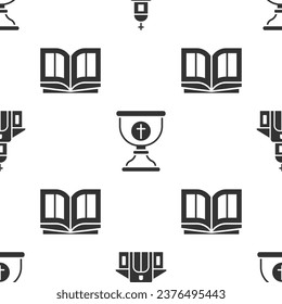 Set Church building, Christian chalice and Holy bible book on seamless pattern. Vector