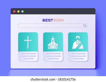 Set Church building, Christian cross and Jesus Christ icon. Vector