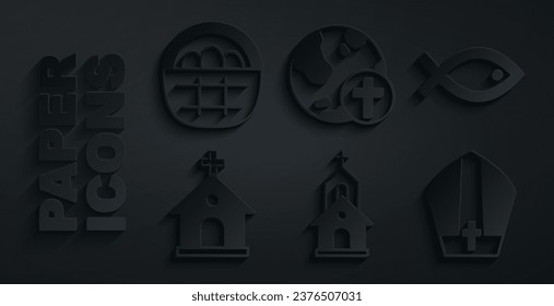 Set Church building, Christian fish symbol, Pope hat, cross with globe and Basket easter eggs icon. Vector