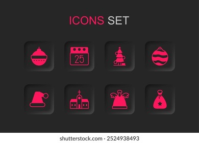 Set Church building, Christmas day calendar, ball, Angel, Santa Claus bag gift, tree and hat icon. Vector