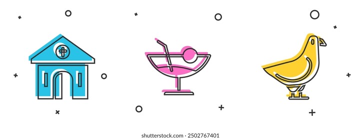 Set Church building, Cocktail and Dove icon. Vector